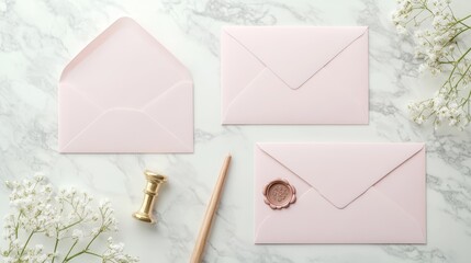 Wedding stationery set on marble desk top view. Blank paper card mockup pastel pink envelopes with wax seal stamp gypsophila flowers.