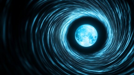 Blur glow background. Galaxy portal. Moonlight radiance. Defocused neon blue color lunar light sphere in ridged swirl texture tunnel on dark black.