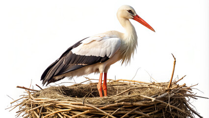 Fototapeta premium A white stork perches gracefully on its nest made of twigs and grass, embodying nurturing instincts. The elegant bird displays its long beak and feathers