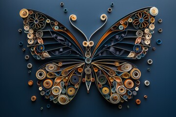 Intricate quilled butterfly artwork featuring vibrant colors and detailed patterns displayed against a dark background