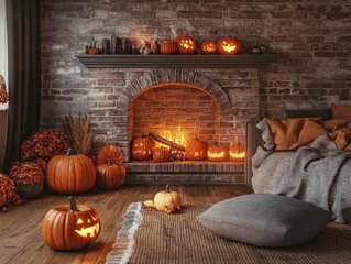Obraz premium Cozy living room featuring pumpkins fireplace and sofa