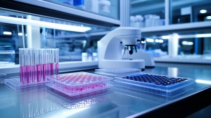 Biology medicine and medical laboratory photo and cell culturing multi well plate and pipette safety cabinet