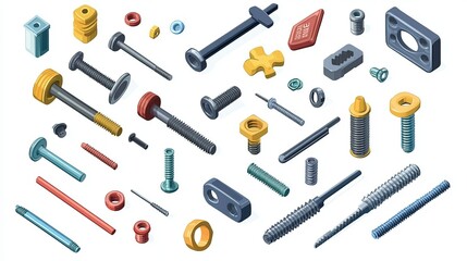 An isometric vector illustration set of nails and screw bolts, showcasing various forms, shapes, and positions. These engineering fastening tools are isolated on a white background.