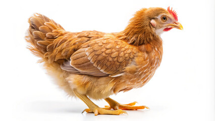 Fototapeta premium The young brown chick exhibits its fluffy feathers and bright eyes while standing on a uniform background, radiating charm and innocence