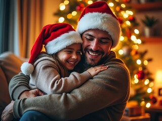 Cozy living room with Christmas tree. Father and son in Santa hats embrace, laughing. Warm light from tree illuminates their faces. Joyful holiday atmosphere with twinkling lights and decorations.	