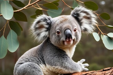 Fototapeta premium Cuddly Koala Relaxing on Eucalyptus Tree with Scenic Background