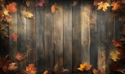 Fototapeta premium Autumn leaves scattered on a textured wooden surface