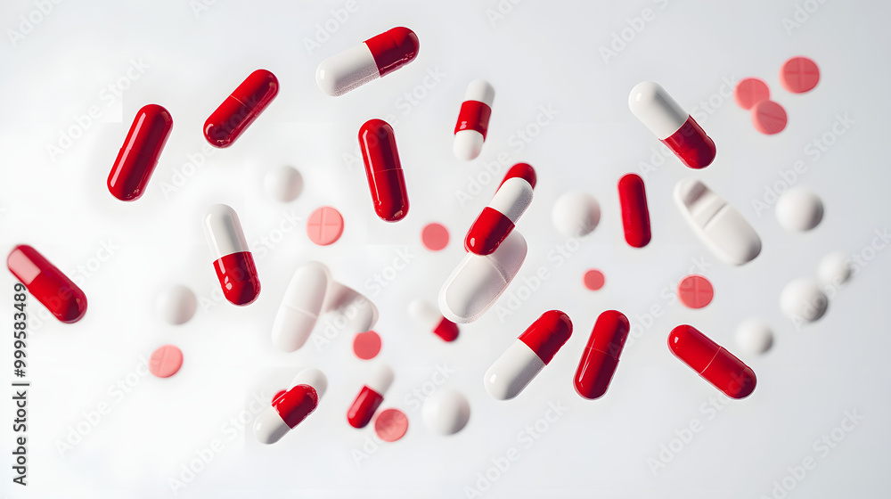 Wall mural Dynamic composition of various red and white pharmaceutical pills and capsules floating against a clean white background, representing healthcare, medication, and the pharmaceutical industry