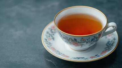Elegant tea cup with saucer filled with brewed tea on a textured surface.