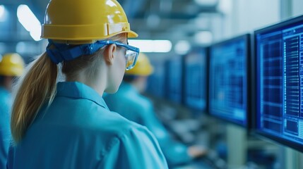 Female engineer monitors data on multiple computer screens in a modern facility.