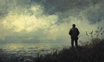 Silhouetted man fishing at tranquil lake.