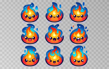 Set of fire cartoon character vector illustration on transparent png background.