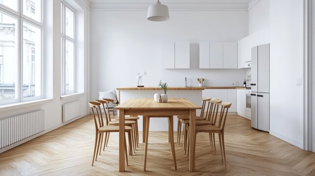 Contemporary minimalist style interior design of light studio apartment with wooden table and chairs in dining zone between open kitchen and living room with white walls and parquet floor
