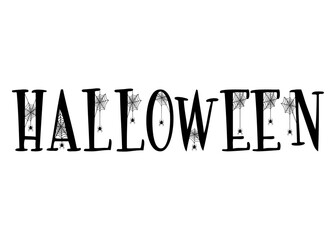 Logo con palabra Haloween con letras con tela de araña y araña colgando para tarjetas y felicitaciones de Halloween
