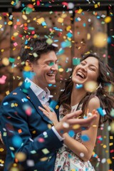 A happy couple surrounded by colorful confetti, perfect for party or celebration scenes