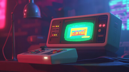 Generative AI, Old-School CRT TV and Retro Console with Glowing Joysticks