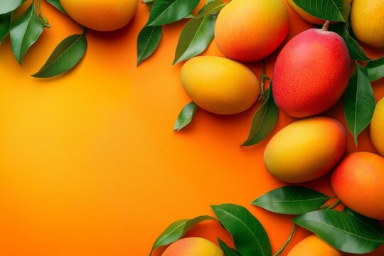 Freshly cut ripe mangoes with text space on vibrant colored background   top view photography