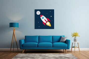 Minimalist Rocket Art Flying Over the Moon on a Vibrant Canvas