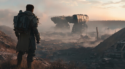 Generative AI, Battle Aftermath: A Futuristic Soldier and Ruined Machines
