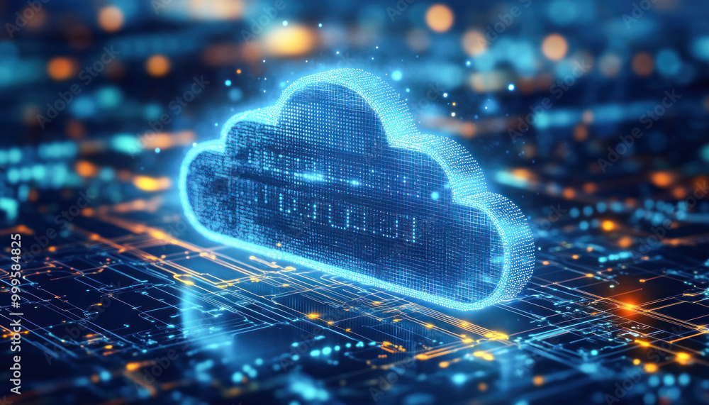 Poster cloud computing technology with digital cloud forming over circuit board