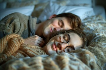 The beautiful young couple is peacefully sleeping together in bed at home, both smiling and cuddling, with the woman wearing eyeglasses.