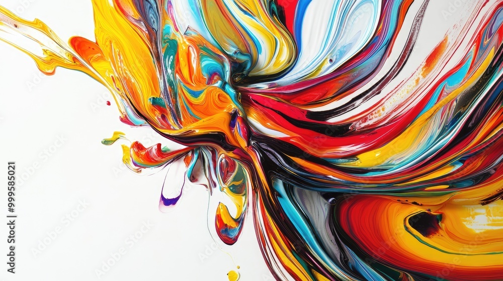 Poster Funny swirling trails of bold colors form a dynamic abstract pattern on a white backdrop, creating a whimsical and happy artistic display