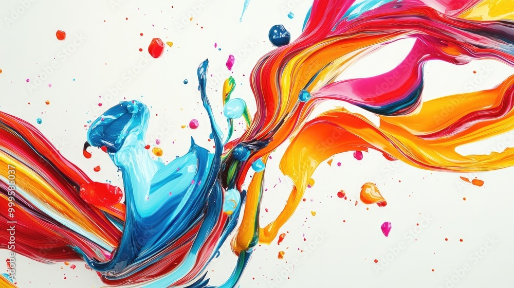Poster funny swirling trails of bright colors form a dynamic abstract design on a white background, adding 
