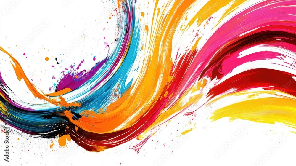 Poster funny swirling trails of bright colors form a dynamic abstract design on a white background, adding 