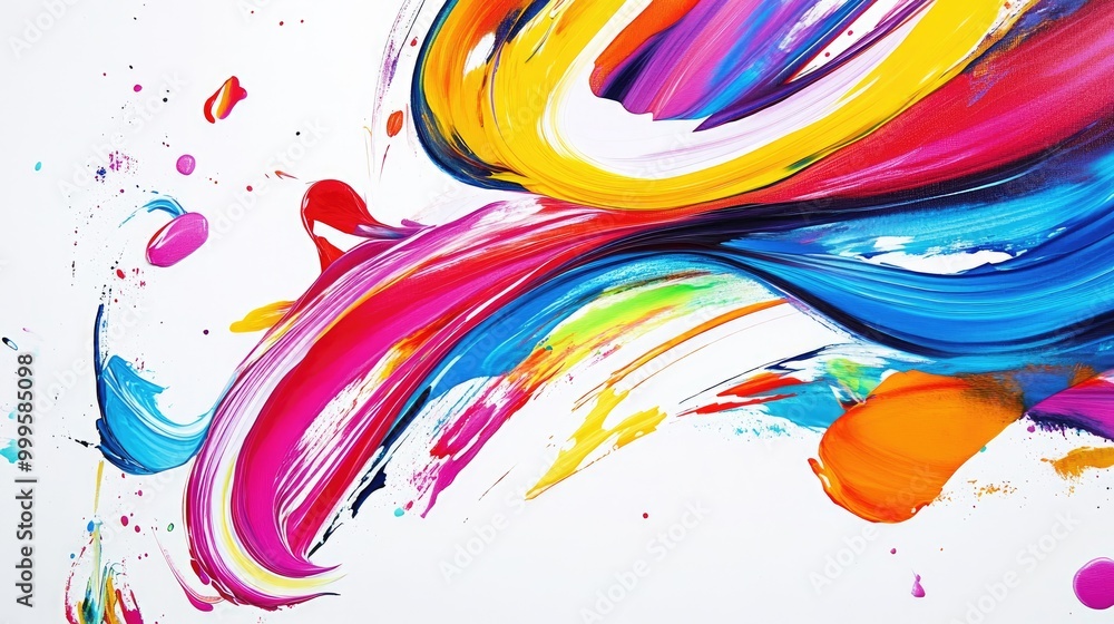 Poster funny swirling trails of bright colors form a dynamic abstract design on a white background, adding 