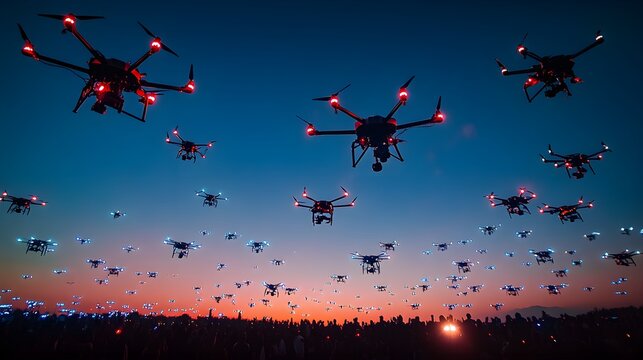 A dynamic scene showcasing a swarm of drones flying in formation against a clear blue sky, forming elaborate designs that symbolize innovation and teamwork. Each drone is equipped with bright 