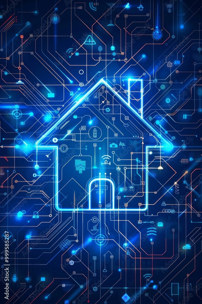 Poster digital illustration of a smart home concept featuring interconnected devices and technology in a fu