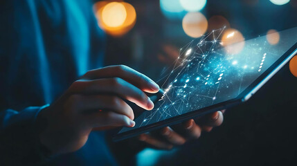 A person's hand interacts with a digital network on a tablet screen.