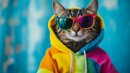 A stylish cat in colorful sunglasses and a vibrant hoodie poses confidently against a bright blue background during a sunny day