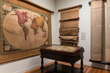 Exploration of a Vintage Map and Scroll Archive Showcasing Historical Artifacts and Texts