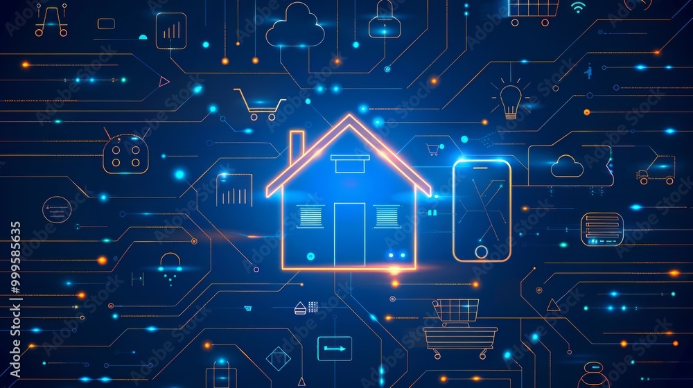 Poster smart home technology concept visualized with interconnected devices in a digital network background