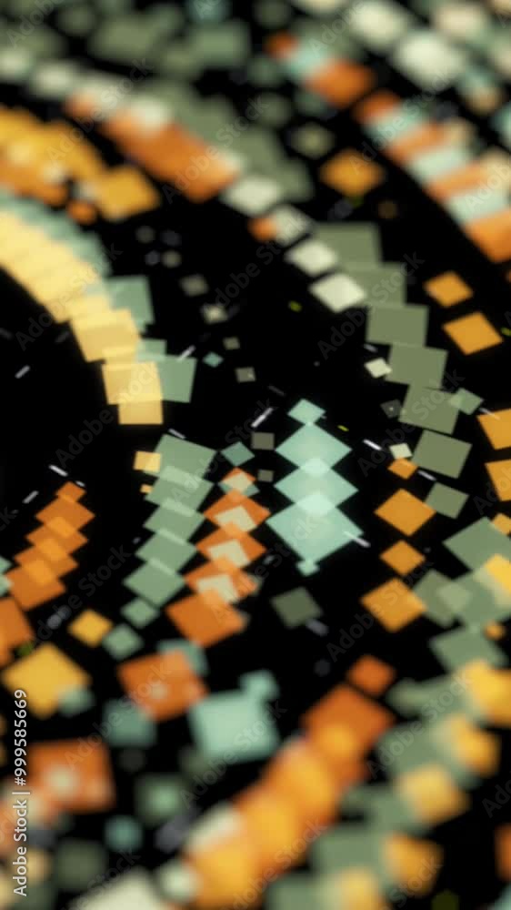 Poster abstract golden squares placed in many circles one inside another on black background, seamless loop