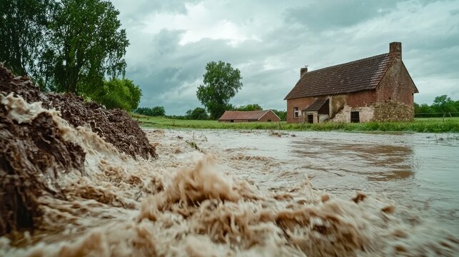 A torrential downpour causing flash floods in a rural area, with muddy water rushing through fields and past farmhouses, creating a scene of rapid water flow and potential damage