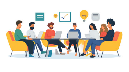 A group of diverse people are working together at a table, using laptops.