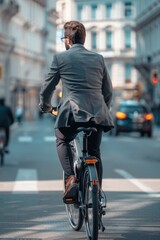 A person wearing a suit rides a bicycle down a city street