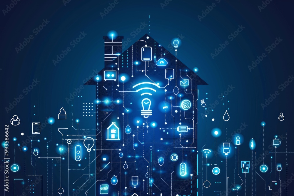 Poster digital home technology illustration showcasing smart devices connected through a network in a conte