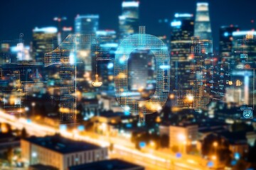 Virtual EURO symbols sketch on Los Angeles office buildings background, strategy and forecast concept. Multiexposure .generative ai