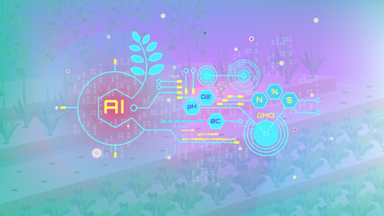 Futuristic smart farming concept integrating AI and IoT technology. Abstract design with glowing elements representing wireless connectivity over purple blue  background with plant