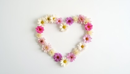 Obraz premium A delicate heart-shaped floral wreath made of small pink, purple, and white flowers is arranged on a white background, symbolizing love and beauty.