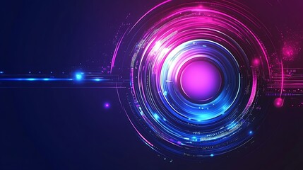 Abstract glowing circular design with pink and blue highlights on dark background.