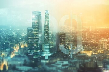 Obraz premium Virtual EURO symbols sketch on Los Angeles office buildings background, strategy and forecast concept. Multiexposure .generative ai