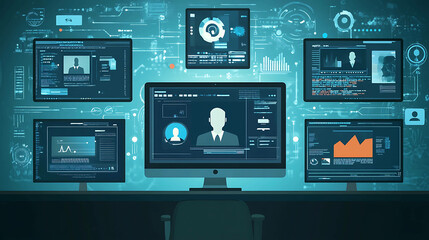 Obraz premium Computer screens with various data and a digital background.