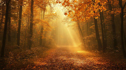 Obraz premium Golden sunlight filters through autumn leaves in a serene forest path during early morning hours
