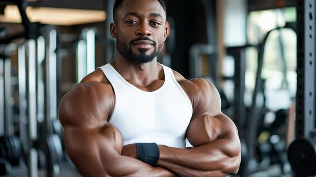 Muscular black athlete poses confidently in modern gym facility showcasing engaging in workout activities during the day