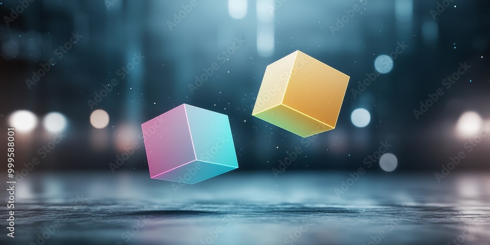 Poster two colorful cubes in a futuristic setting, seemingly suspended in mid-air, create a vibrant and dyn