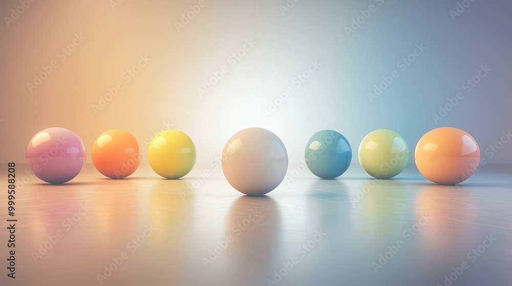 Poster a row of colorful spheres set against a soft gradient background, showcasing a playful and vibrant a